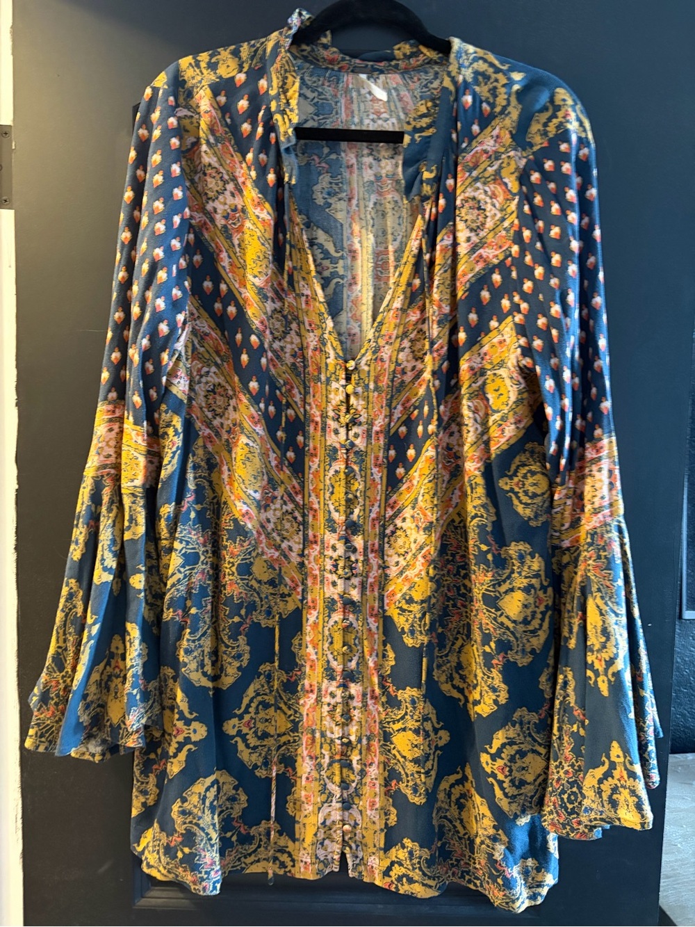 Free People Navy Tunic with Yellow & Pink Paisley Print